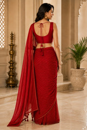 Vervee Couture Women Red Leheriya Georgette Saree with Semi-Stitched Blouse