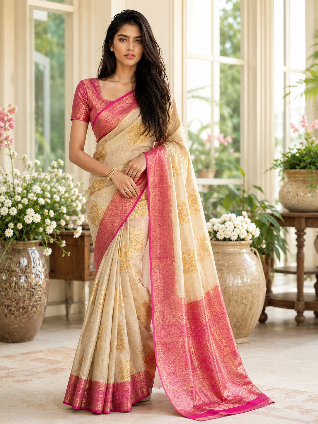 Vervee Couture Women Cream & Pink Ethnic Motifs Woven Design Zari Silk Blend Saree