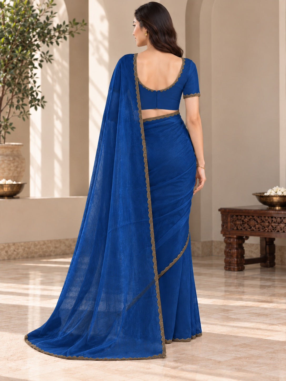Vervee Couture Women Royal Blue Solid Tissue Saree