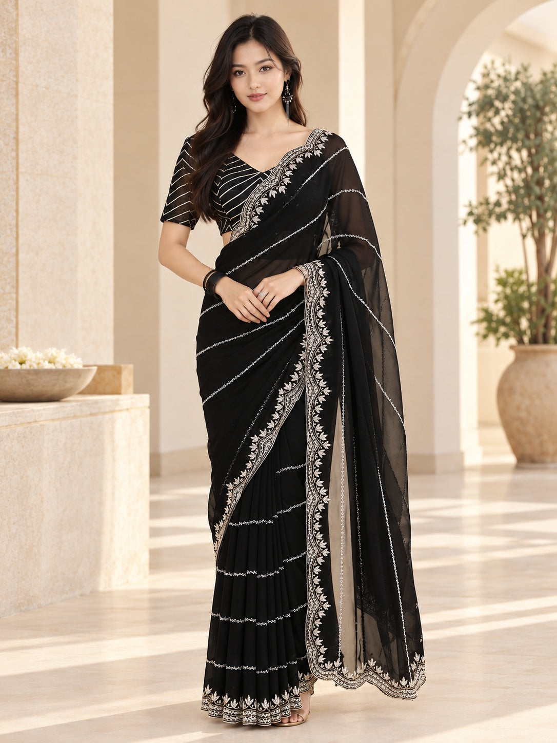 Vervee Couture Women Black Embellished Net Saree with Semi-Stitched Designer Blouse