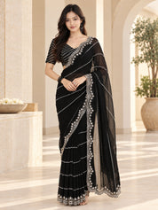 Vervee Couture Women Black Embellished Net Saree with Semi-Stitched Designer Blouse