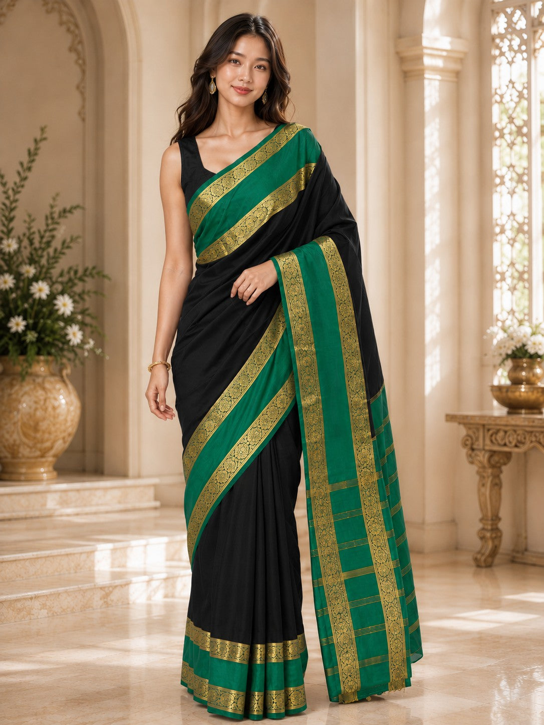 Vervee Couture Women Black & Green Woven Design Zari Silk Saree