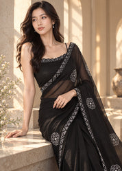 Vervee Couture Women Black Stone Embellished Poly Net Saree