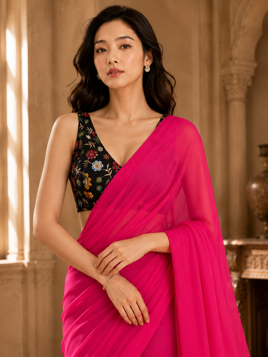 Vervee Couture Women Pink Solid Poly Georgette Saree with Semi-Stitched Designer Blouse
