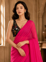 Vervee Couture Women Pink Solid Poly Georgette Saree with Semi-Stitched Designer Blouse