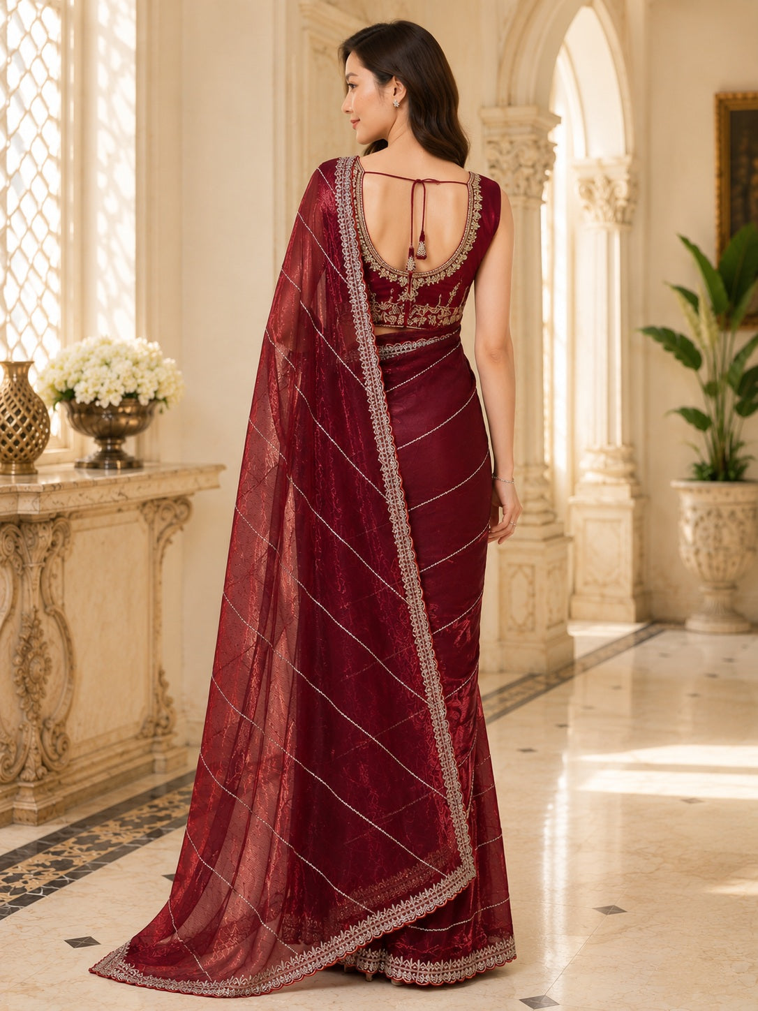 Vervee Couture Women Maroon Embellished Organza Saree with Semi-Stitched Designer Blouse