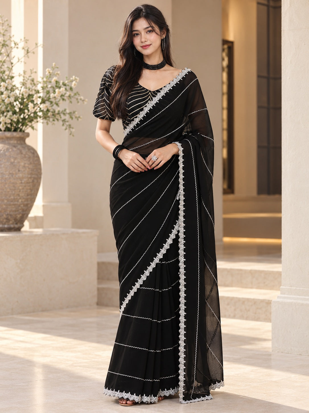 Vervee Couture Women Black Embellished Poly Georgette Saree with Semi-Stitched Designer Blouse