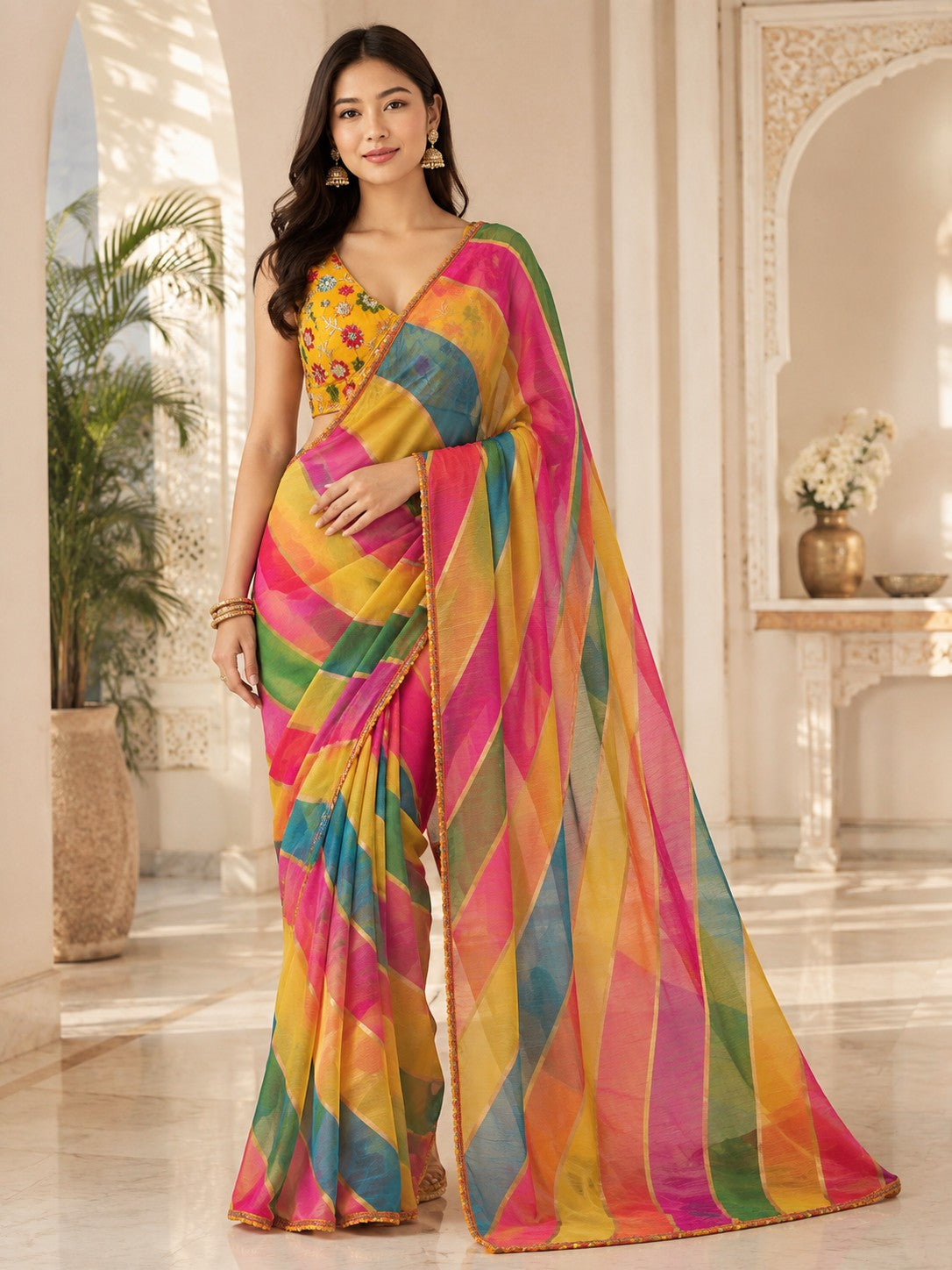 Vervee Couture Women Multicoloured Striped Georgette Saree with Semi-Stitched Blouse