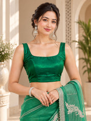 Vervee Couture Women Green Embroidered Poly Net Saree with Semi-Stitched Designer Blouse
