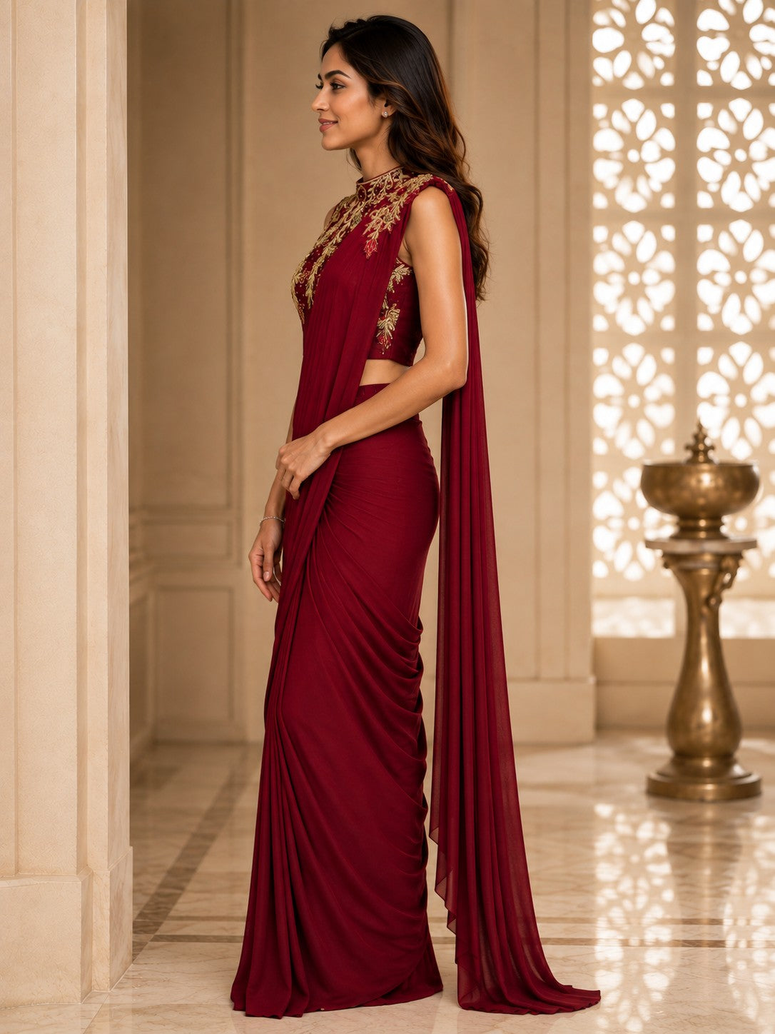 Vervee Couture Women Burgundy Embroidered Ready to Wear Saree