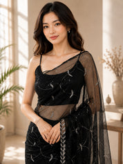 Vervee Couture Women Black Embroidered Poly Net Saree