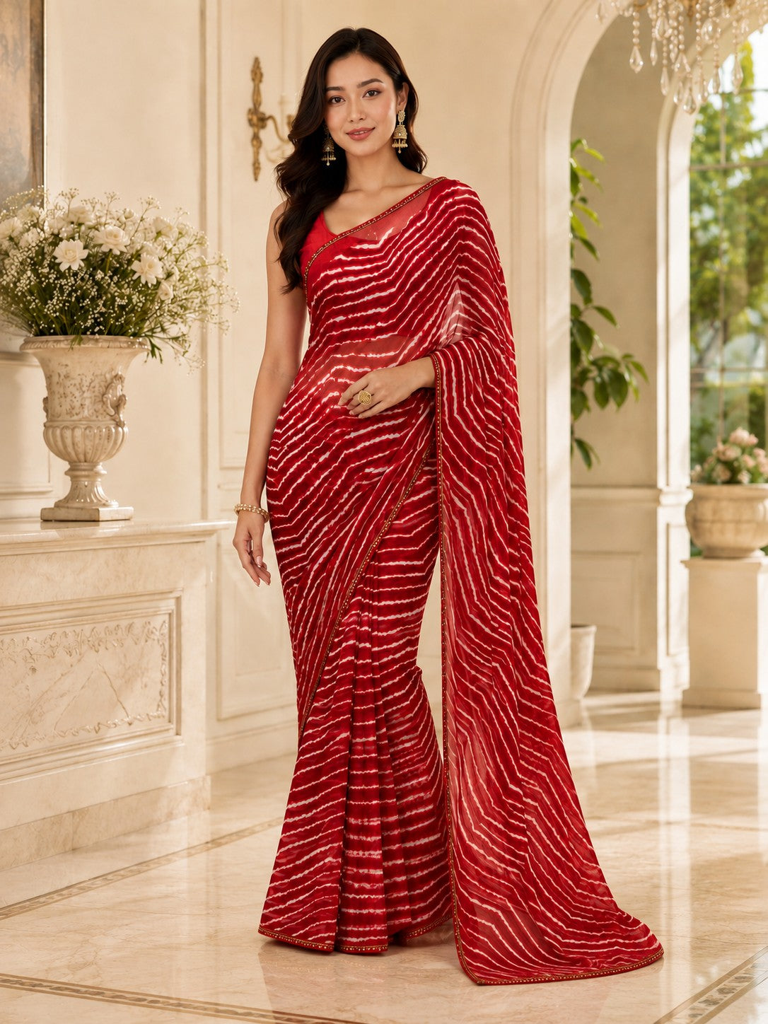 Vervee Couture Women Red Leheriya Georgette Saree with Semi-Stitched Blouse
