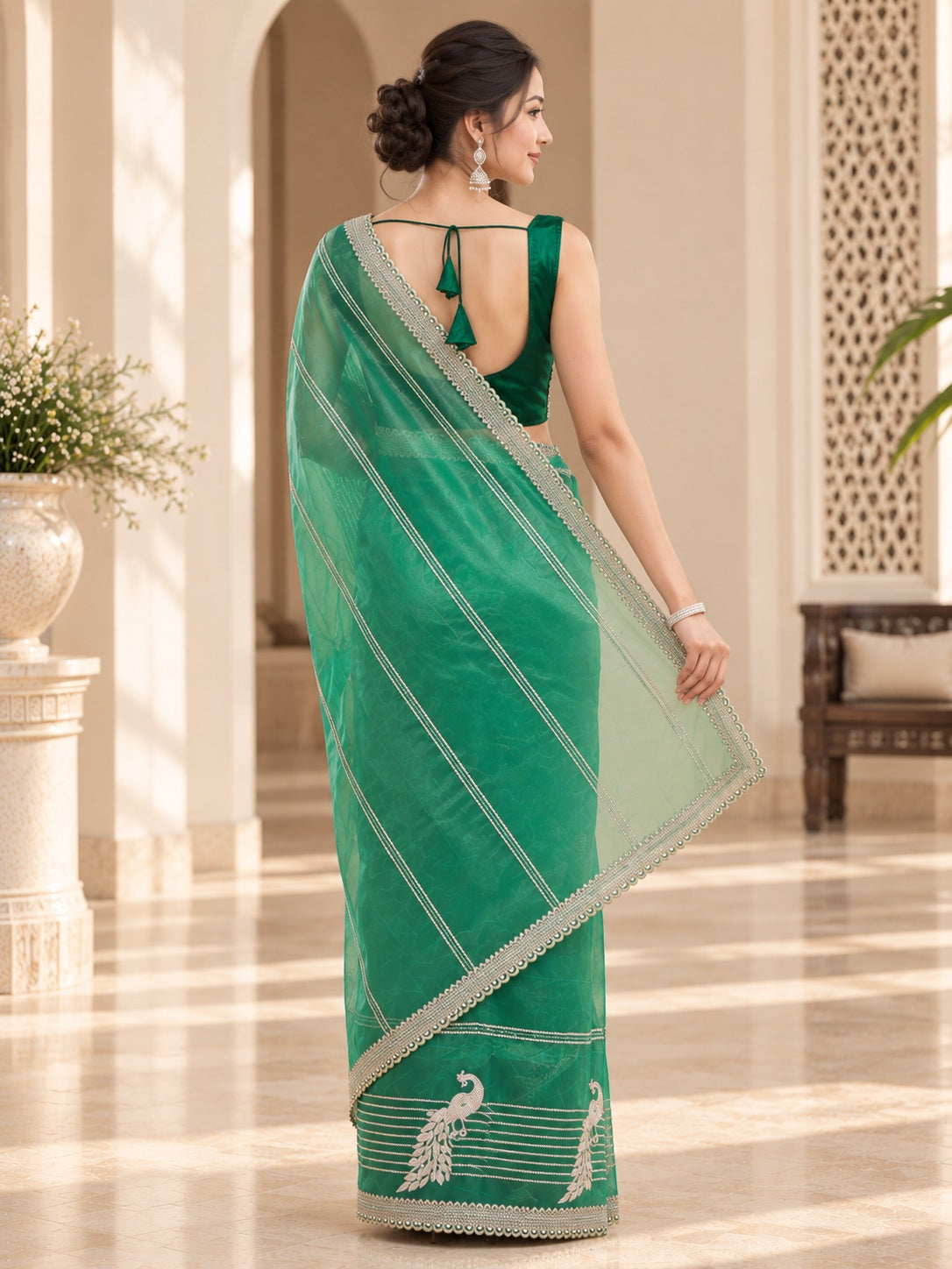 Vervee Couture Women Green Embroidered Poly Net Saree with Semi-Stitched Designer Blouse