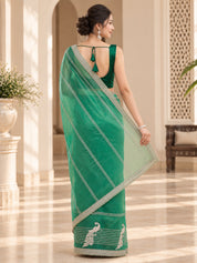 Vervee Couture Women Green Embroidered Poly Net Saree with Semi-Stitched Designer Blouse