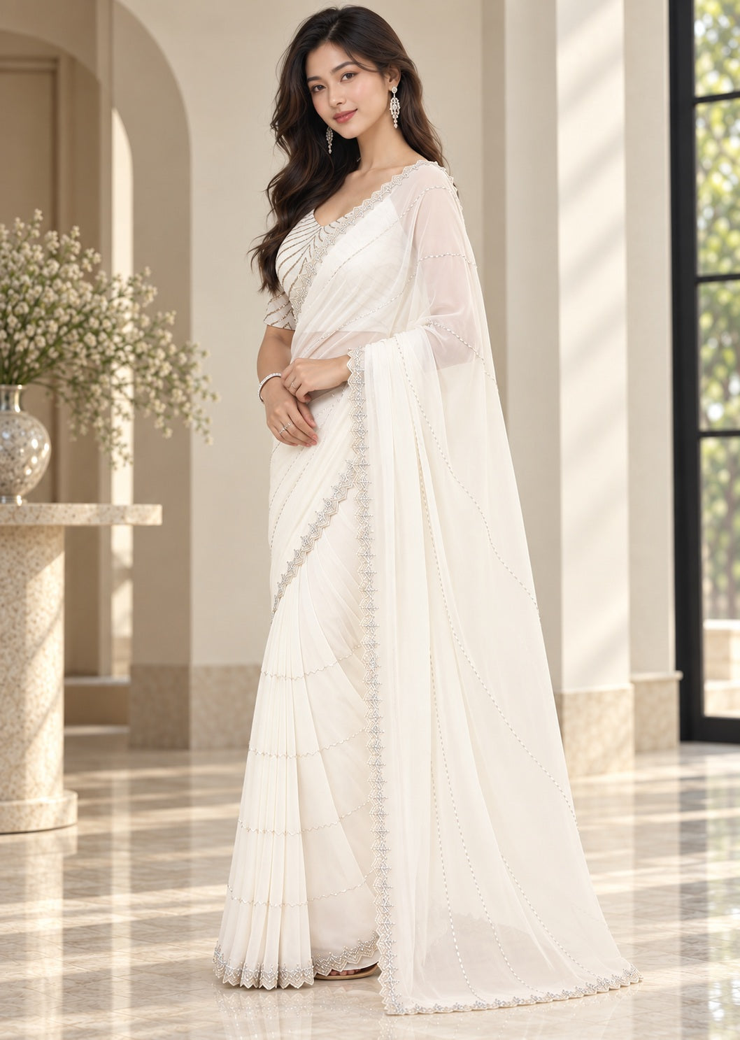 Vervee Couture Women Off White Embellished Poly Georgette Saree with Semi-Stitched Designer Blouse