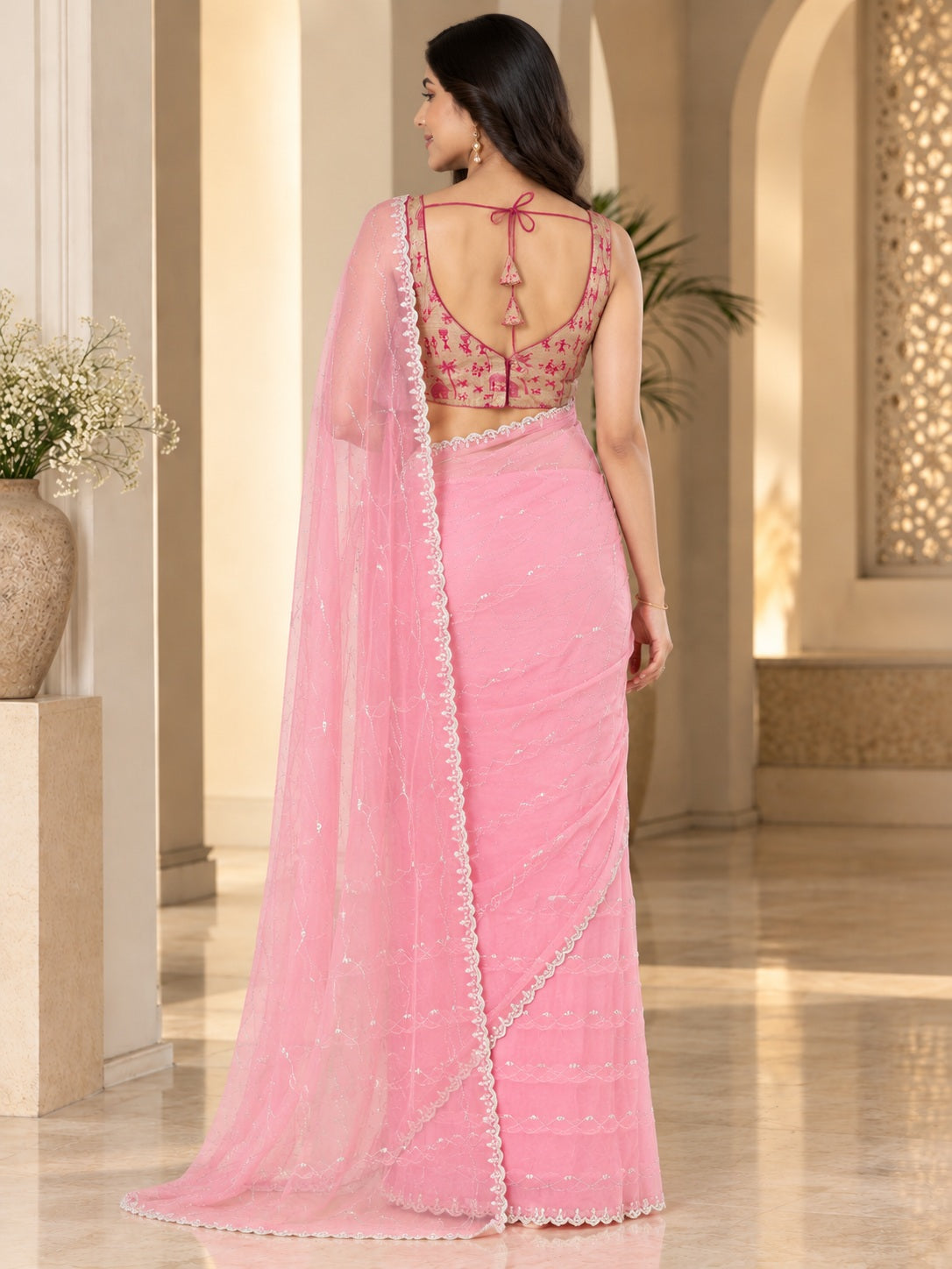 Vervee Couture Women Pastel Pink Embellished Net Saree with Semi-Stitched Designer Blouse