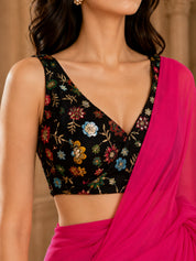 Vervee Couture Women Pink Solid Poly Georgette Saree with Semi-Stitched Designer Blouse