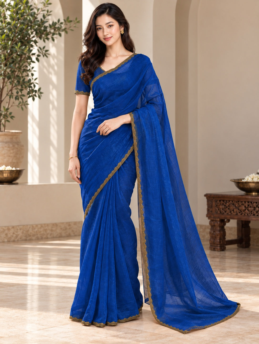 Vervee Couture Women Royal Blue Solid Tissue Saree