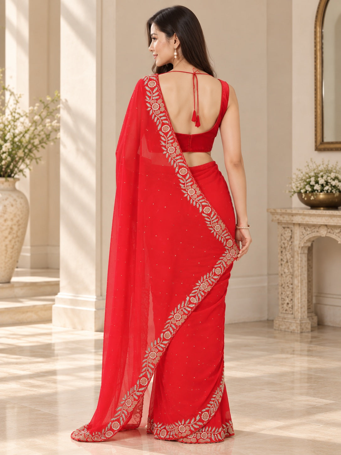 Vervee Couture Women Red Embellished Poly Georgette Saree with Semi-Stitched Designer Blouse