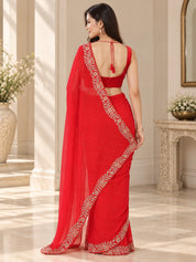 Vervee Couture Women Red Embellished Poly Georgette Saree with Semi-Stitched Designer Blouse