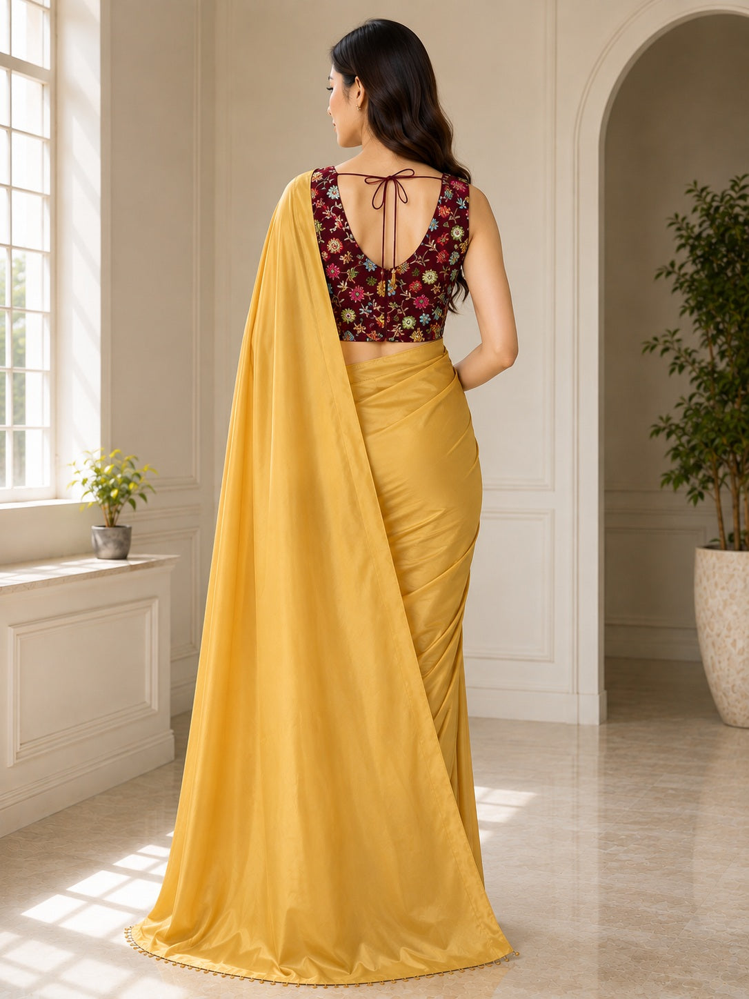 Vervee Couture Women Gold Solid Satin Saree with Semi-Stitched Designer Blouse