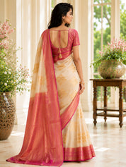 Vervee Couture Women Cream & Pink Ethnic Motifs Woven Design Zari Silk Blend Saree