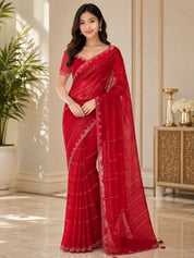 Vervee Couture Women Red Silver-Toned Stone Embellished Poly Georgette Saree