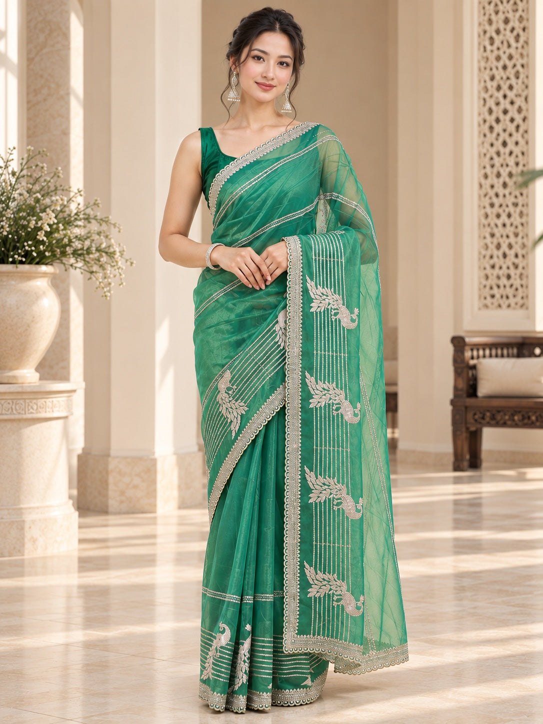 Vervee Couture Women Green Embroidered Poly Net Saree with Semi-Stitched Designer Blouse