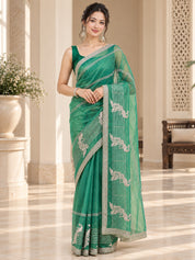 Vervee Couture Women Green Embroidered Poly Net Saree with Semi-Stitched Designer Blouse