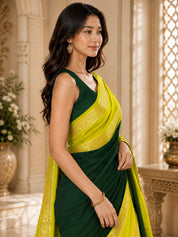 Vervee Couture Women Green & Yellow Woven Design Zari Silk Blend Saree