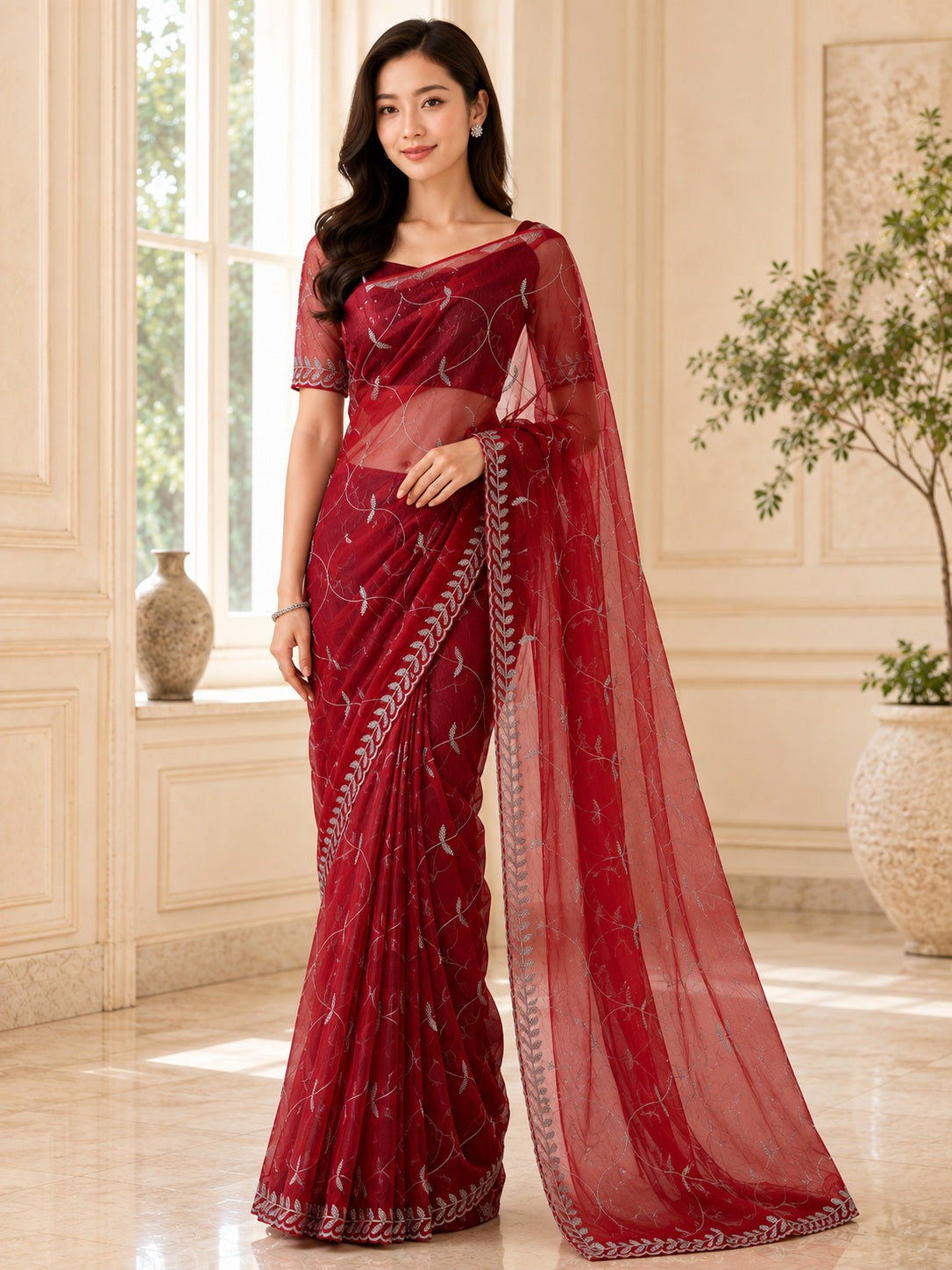 Vervee Couture Women Wine Embroidered Poly Net Saree