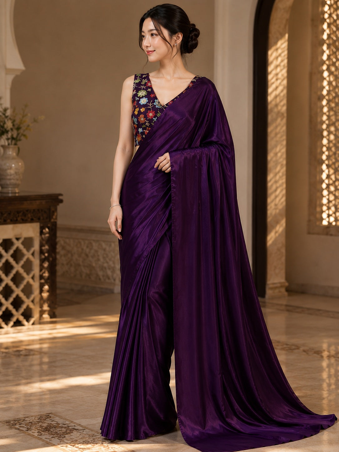 Vervee Couture Women Purple Solid Satin Saree with Semi-Stitched Designer Blouse