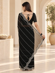 Vervee Couture Women Black Embellished Net Saree with Semi-Stitched Designer Blouse