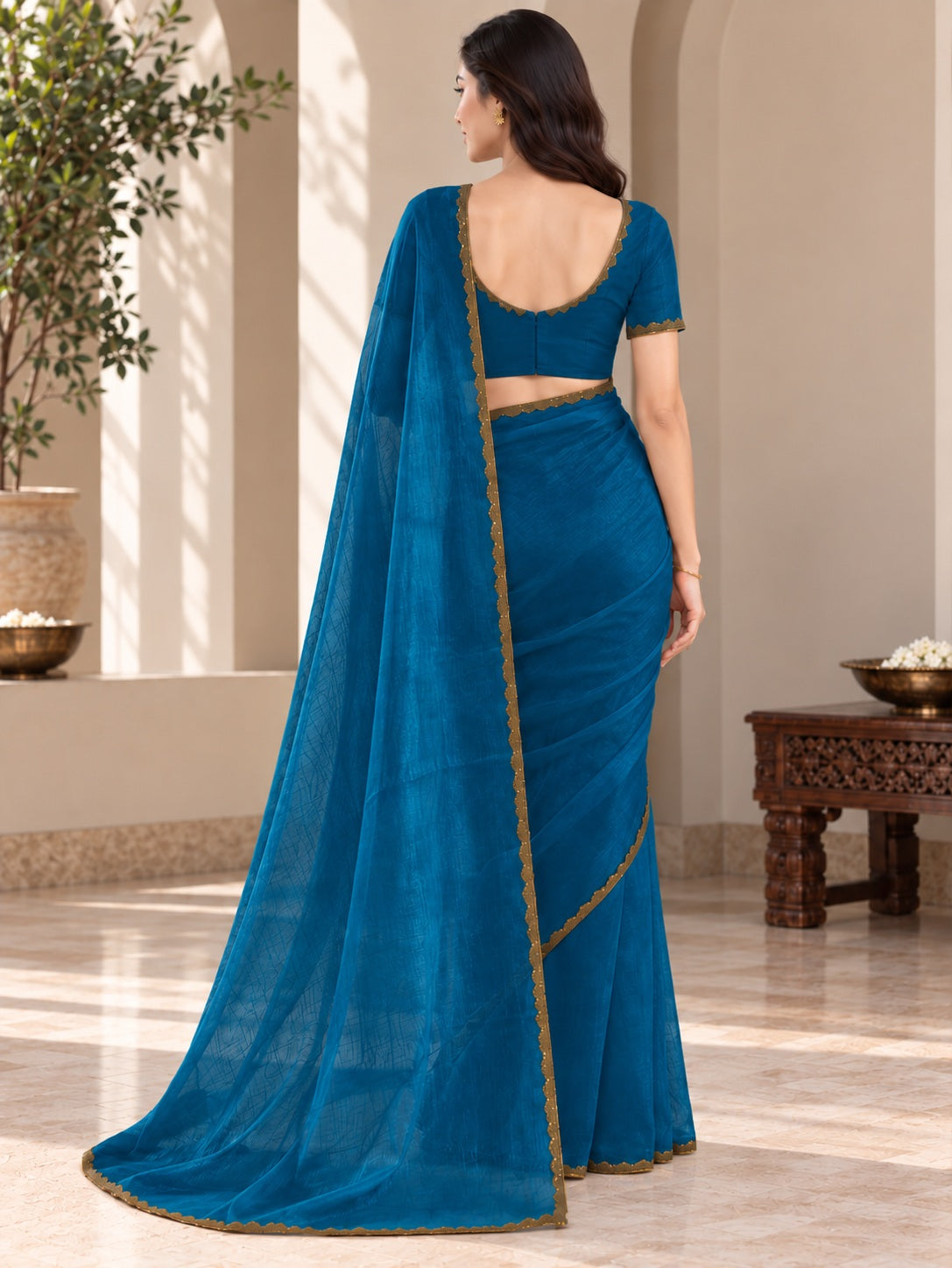 Vervee Couture Women Teal Solid Tissue Saree