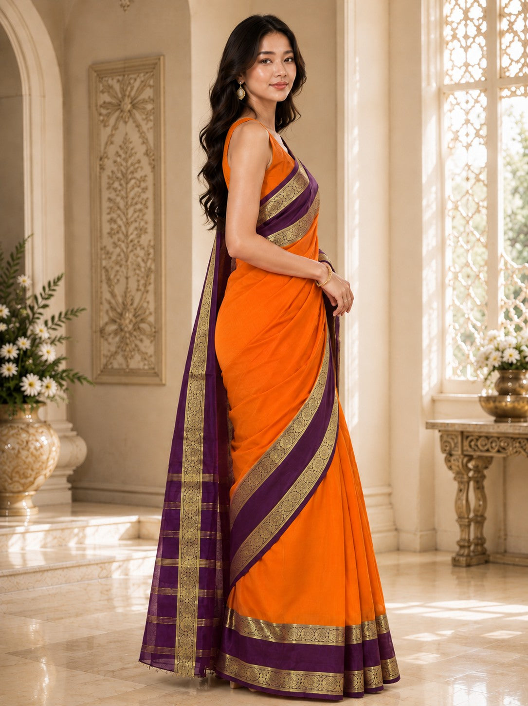 Vervee Couture Women Orange & Purple Woven Design Zari Silk Blend Saree
