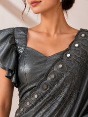 Vervee Couture Women Grey Embellished Organza Saree with Semi-Stitched Designer Blouse