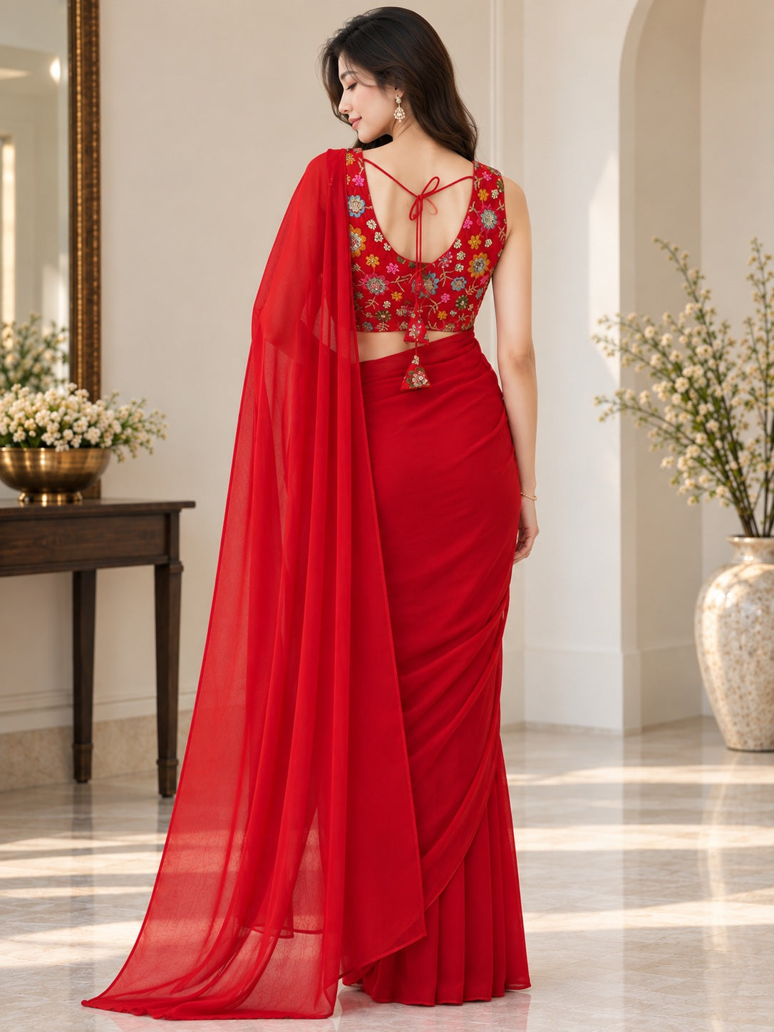 Vervee Couture Women Red Embellished Poly Georgette Saree with Semi-Stitched Designer Blouse