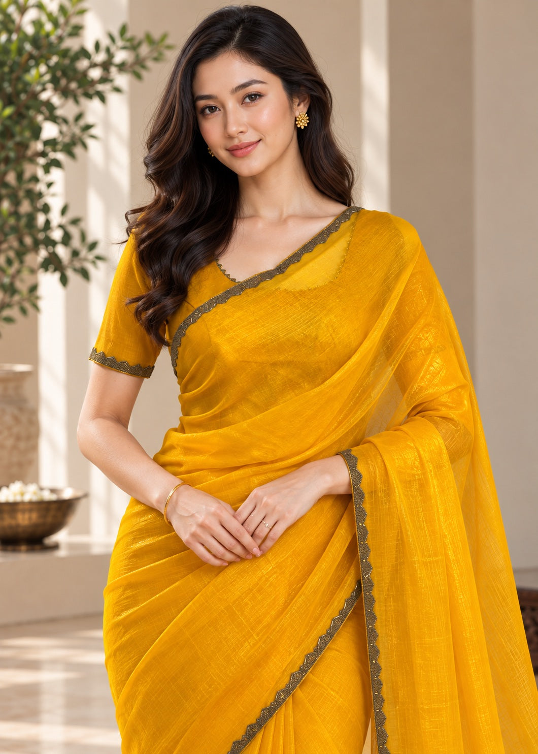 Vervee Couture Women Mustard Yellow Solid Tissue Saree