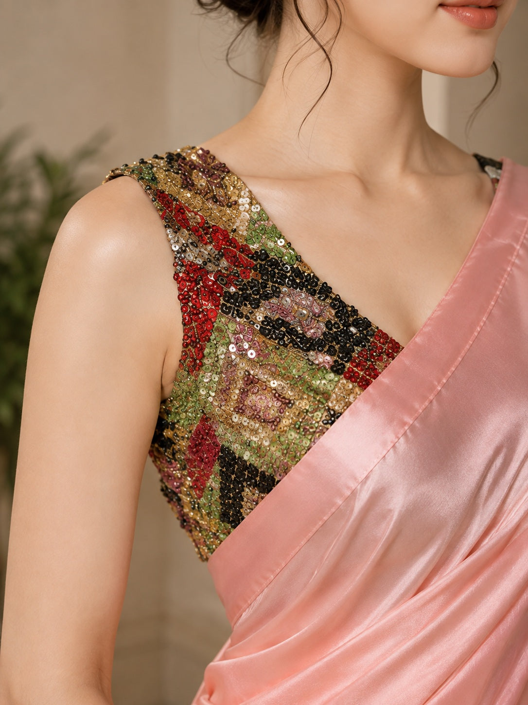 Vervee Couture Women Peach Pink Solid Satin Saree with Semi-Stitched Designer Blouse