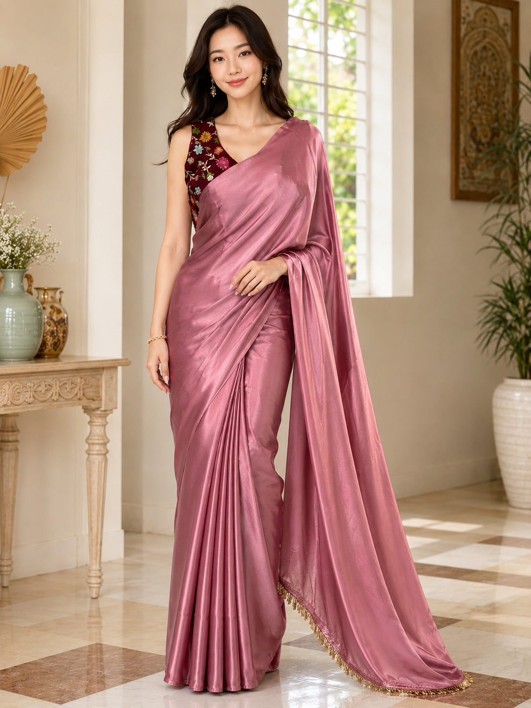 Vervee Couture Women Dusty Pink Solid Satin Saree with Semi-Stitched Designer Blouse