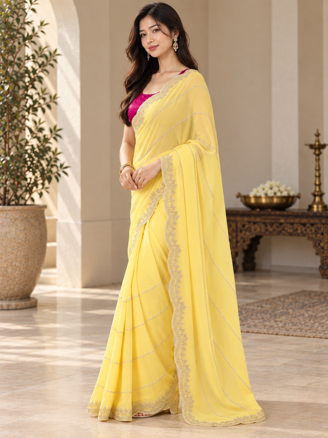 Vervee Couture Women Yellow Embellished Poly Georgette Saree with Semi-Stitched Designer Blouse