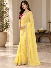 Vervee Couture Women Yellow Embellished Poly Georgette Saree with Semi-Stitched Designer Blouse