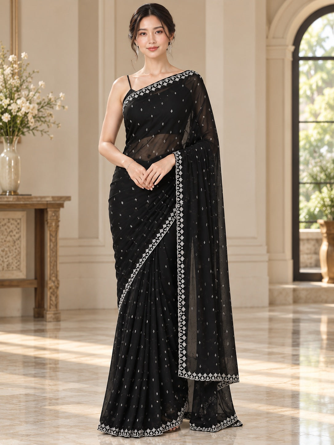 Vervee Couture Women Black Silver Embellished Poly Net Saree