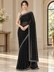 Vervee Couture Women Black Silver Embellished Poly Net Saree