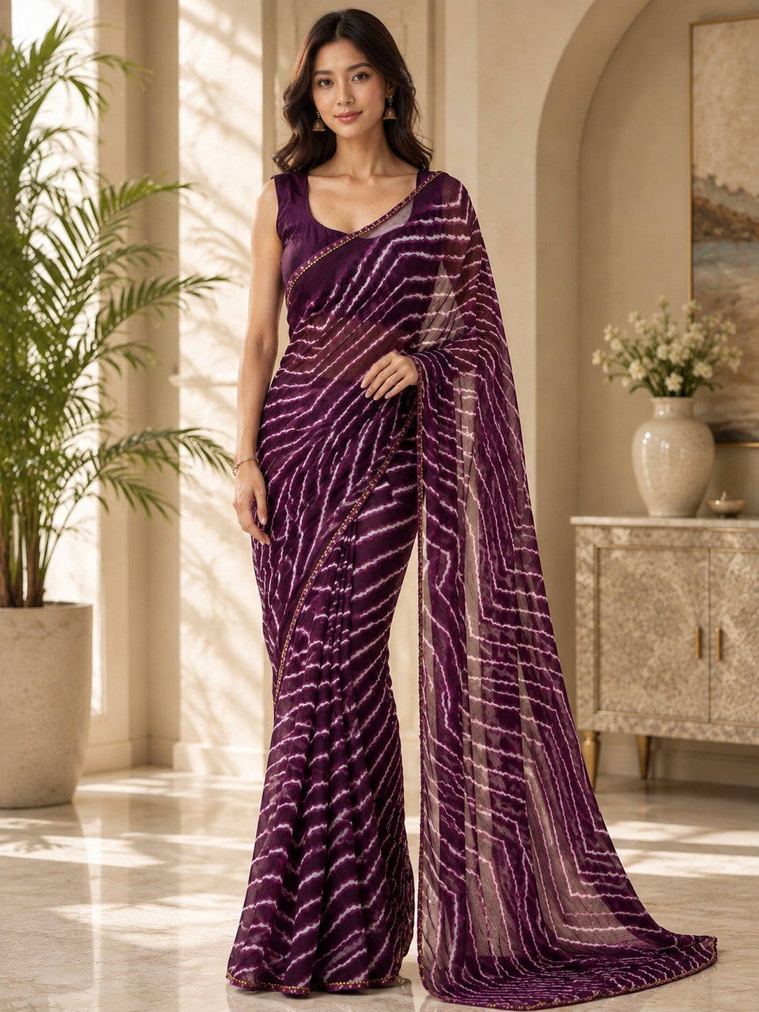 Vervee Couture Women Purple Leheriya Georgette Saree with Semi-Stitched Blouse