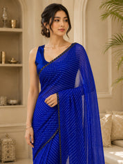 Vervee Couture Women Blue Leheriya Georgette Saree with Semi-Stitched Blouse