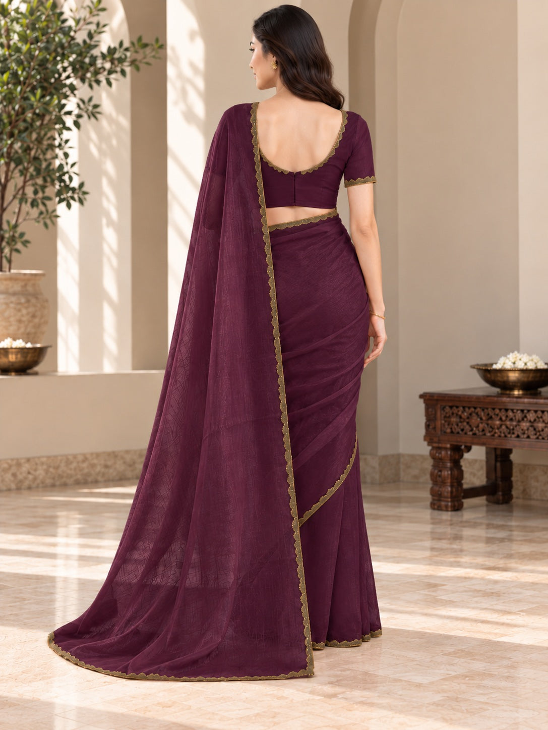 Vervee Couture Women Purple Solid Tissue Saree