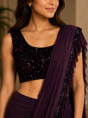 Vervee Couture Women Purple Embellished Ruffled Ready to Wear Saree