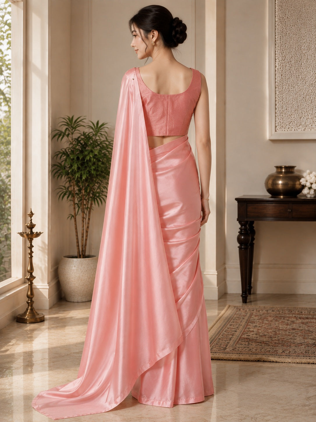 Vervee Couture Women Peach Pink Solid Satin Saree with Semi-Stitched Designer Blouse