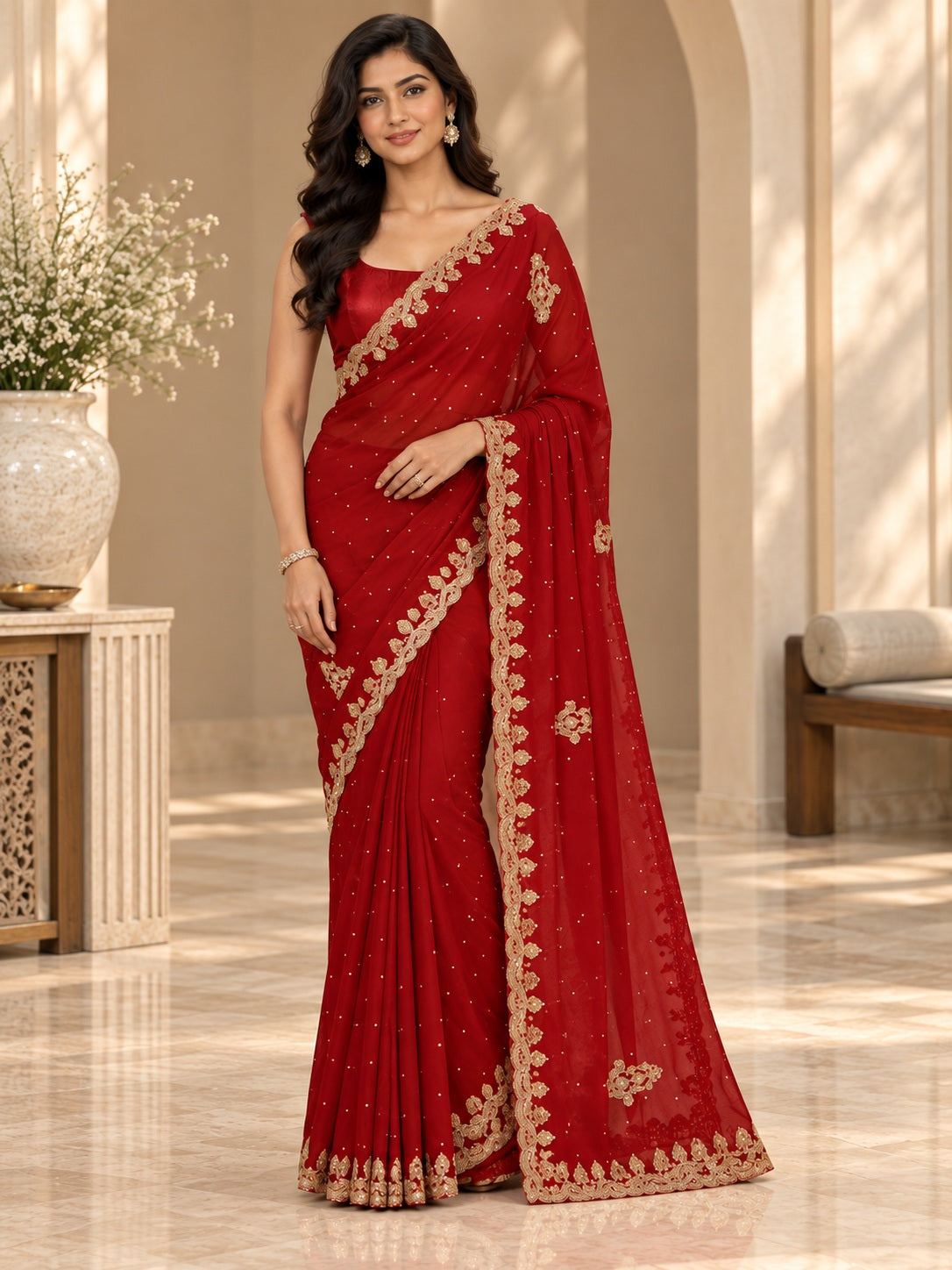 Vervee Couture Women Red Embellished Poly Georgette Saree with Semi-Stitched Designer Blouse